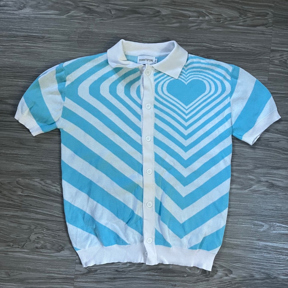 OXKNITSTORE Mens Blue White Heart Chevron Knit Short Sleeve Cardigan Polo Small